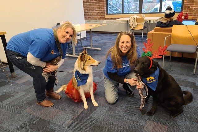 Two women, a collie dog and black lab sit on the floor